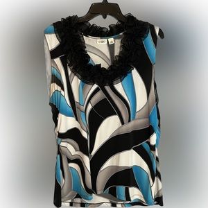 Cato XL Sleeveless top with black lace neckline. Blue white and black design.